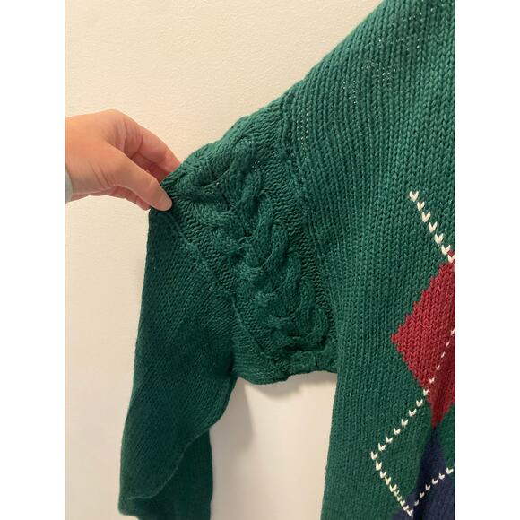 Vintage Pebble Beach Structure Heavy Knit Cardigan Green Argyle Print Size L - Picture 9 of 10